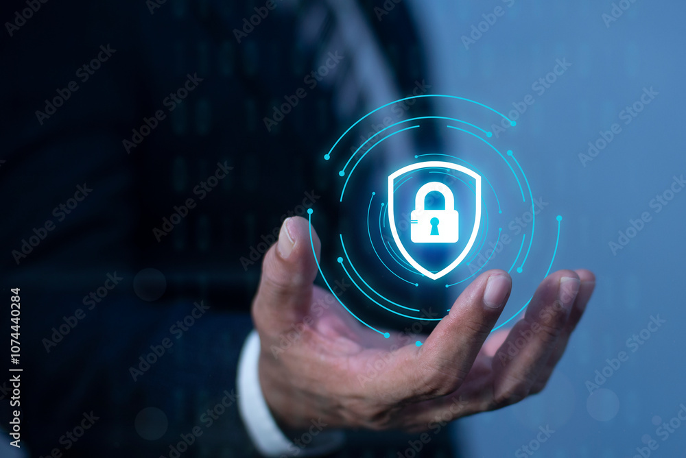 Aufkleber cybersecurity and privacy concepts to protect data. business man shows how to protect cyber technolo