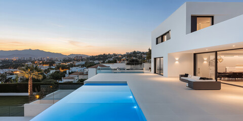 Fototapeta premium Modern villa with infinity pool overlooking sunset in coastal area at dusk