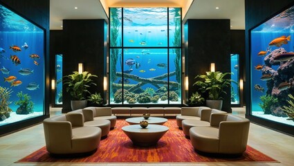 Luxury Aquarium Lobby with Giant Floor-to-Ceiling 
