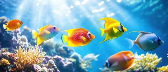 Obraz premium A vibrant underwater scene featuring colorful fish swimming near coral reefs.