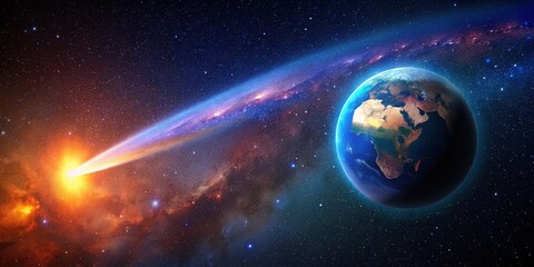 A Stunning Glyph Illustrating the Graceful Arc of a Comet Passing by Earth, Capturing the Beauty of Celestial Events with Vibrant Colors and Detailed Design for Cosmic Enthusiasts