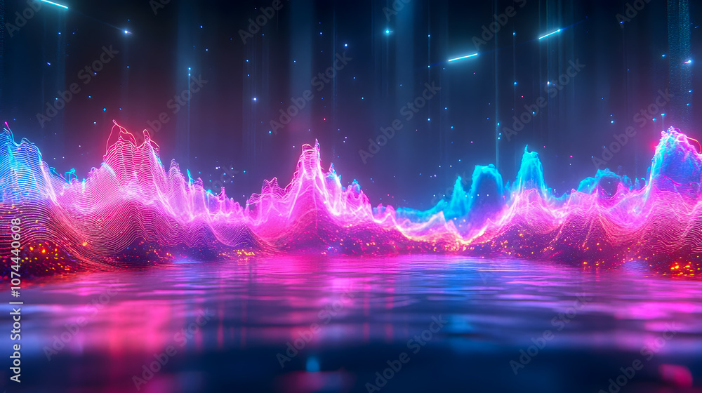 Poster Vibrant Digital Waves of Light Reflecting on Water Surface in Futuristic Artwork with Mesmerizing Patterns and Colorful Energy Flows in a Dark Background
