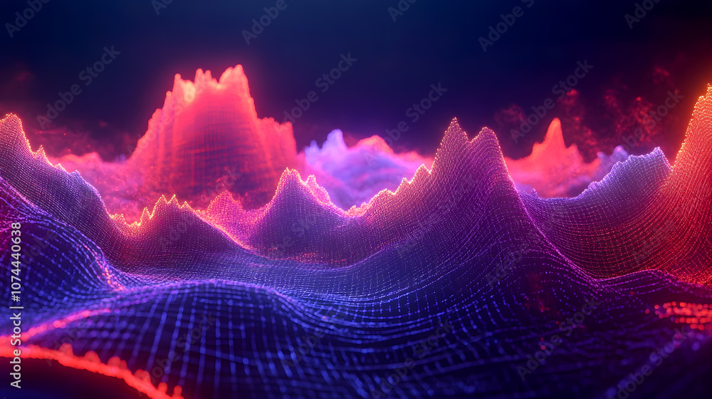 Poster vibrant abstract visualization of sound waves in a digital environment with glowing peaks and waves 