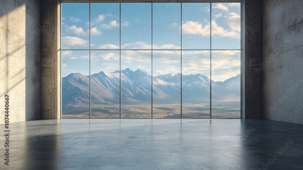 Poster A large window in a room with a view of mountains