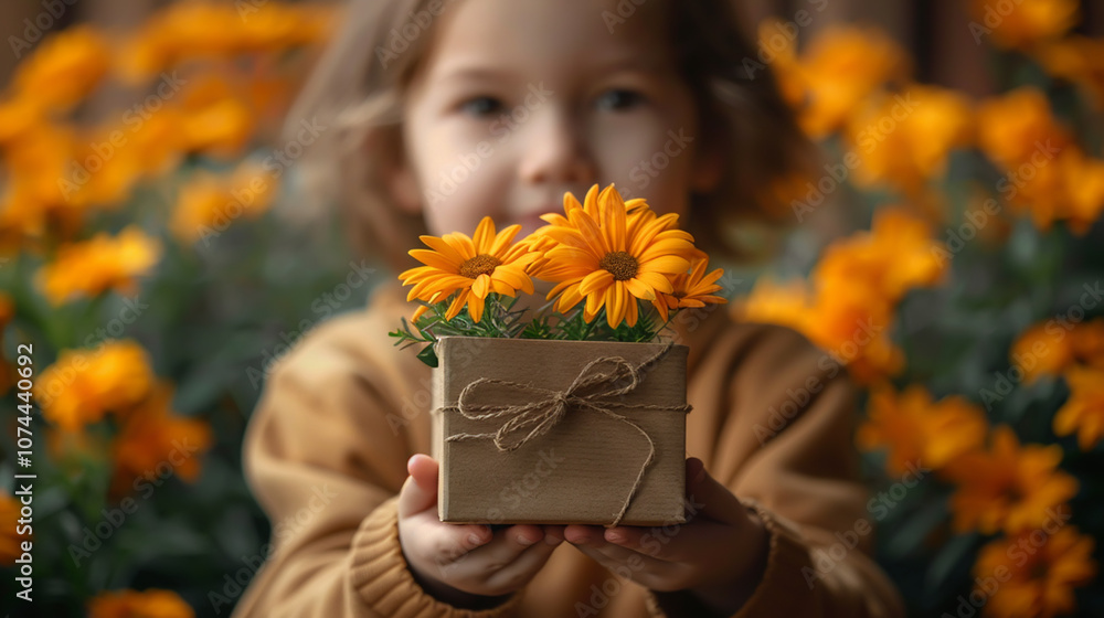 Wall mural The child's hands hold a beautiful gift box with a ribbon and white tulips. Top view, close-up. Happy mother's day.