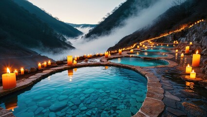 Mountain Edge Hot Springs with Crystal Clear Pools and Candlelit Paths