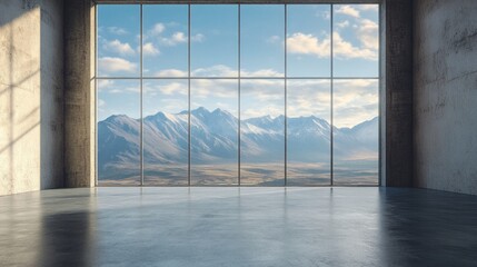 Naklejka premium A large window in a room with a view of mountains