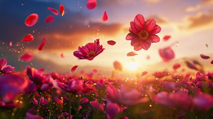 Colorful flowers bloom with petals floating in a vibrant sunset atmosphere.