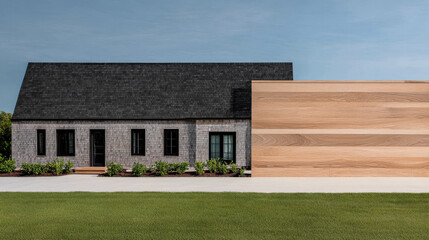 Fototapeta premium Modern home design featuring a striking wooden facade and traditional stone structure in daylight