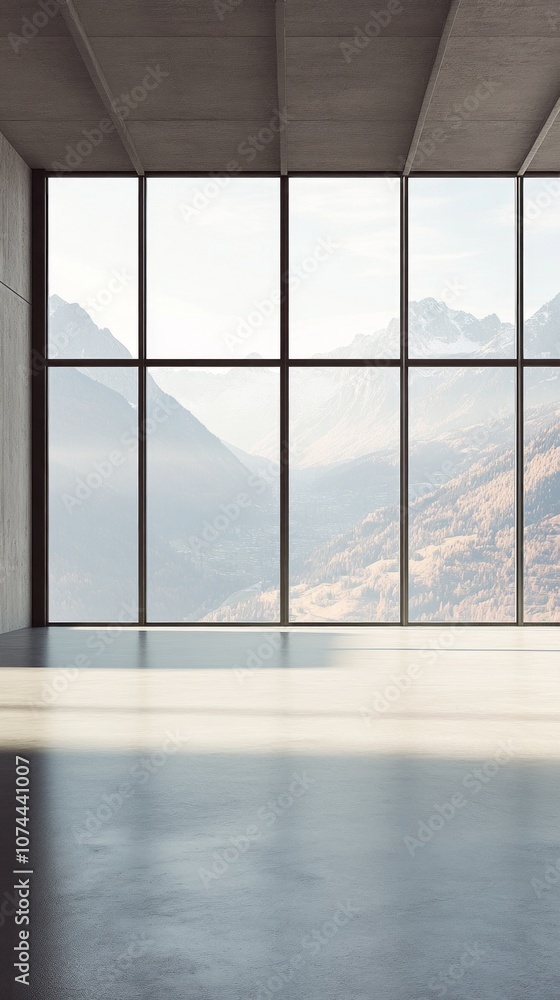 Poster a large window in a room with a view of mountains