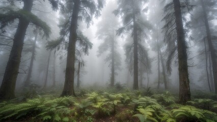 Fototapeta premium Wide angle shot of a misted forest in the backdrop