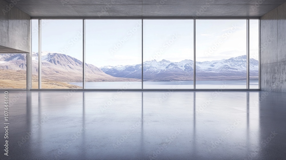 Poster A large empty room with a view of mountains and a lake