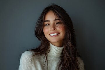 Obraz premium Woman smiling warmly with white teeth. This photo is perfect for use in advertising, marketing, or social media.
