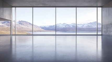 Naklejka premium A large empty room with a view of mountains and a lake