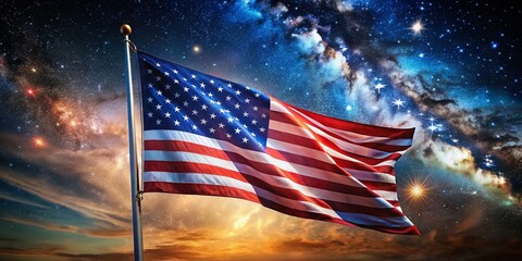 A Vibrant American Flag Dancing in the Cosmos with Shimmering Stars in Tilt-Shift Photography Style