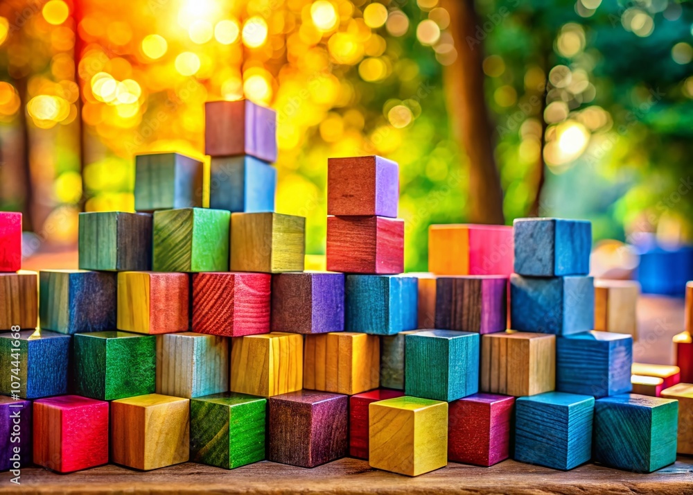 Poster a vibrant collection of colorful wooden blocks arranged in a geometric pattern showcasing rich textu