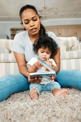 Home, mother and baby with book for reading, storytelling or language development with children...