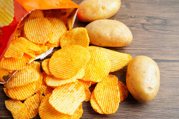 Potato chips , delicious BBQ seasoning spicy for crips, thin slice deep fried snack fast food.