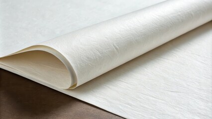 Fototapeta premium A close-up view of a roll of white, textured, uncoated, paper with a soft, natural feel. The paper has a slight crinkle, which adds a subtle texture to its surface.
