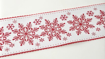 White fabric with red snowflake pattern, scalloped edge, and small red dots