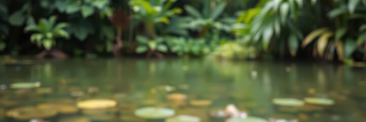 Blurred image of serene natural background featuring water and lush green plants, soft focus