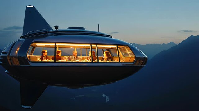 Sleek submarine-shaped dining pod suspended against dramatic mountain backdrop. Warm interior lighting contrasts with cool blue twilight. 
