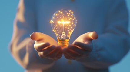 Illuminated Light Bulb in Hands Symbolizing Creativity and Innovation with Sparkles and Glow on Blue Background for Inspirational Conceptual Ideas