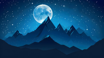 Fototapeta premium Moonlight shining over a mountain silhouette against a deep blue night background