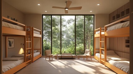 Fototapeta premium Cozy bunk room with large windows overlooking a serene natural landscape.