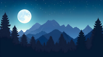 Fototapeta premium Moonlight shining over a mountain silhouette against a deep blue night background