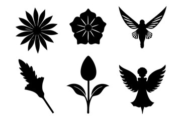 6 vector silhouette icon set of Cornflower, Angel’s Trumpet, Rue, Sneezeweed, Rock Rose