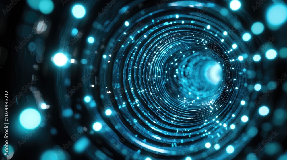 Poster Abstract Digital Tunnel with Blue Lights and Particles Representing Technology, Innovation, and Data Flow in a Futuristic Environment