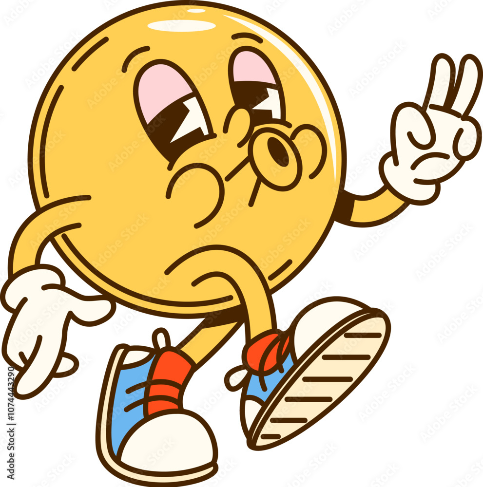 Poster cartoon groovy math geometric sphere figure character. isolated vector cheerful, yellow spherical sh