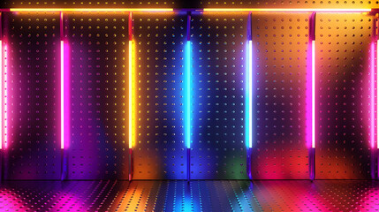 Neon lights in bold colors reflecting off a metallic background, evoking a retro vibe 