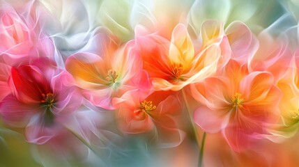 Fototapeta premium Blurred background with colorful flowers, hints of pinks, yellows, and greens softly blending together