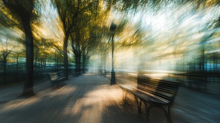 Blurred park background with vague shapes of trees and benches, creating a relaxed and natural feel