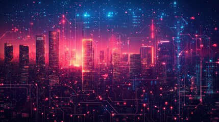 Fototapeta premium Cyberpunk background with glowing circuit board patterns embedded in a cityscape, highlighting a digital and high-tech feel