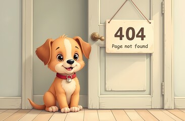 illustration, cute puppy sitting by a closed door with a sign "Page not found" hanging on it, with "404"