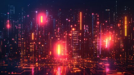 Cyberpunk background with glowing circuit board patterns embedded in a cityscape, highlighting a digital and high-tech feel