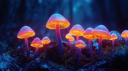 Fototapeta premium Fantasy background with colorful bioluminescent mushrooms and plants in a dark forest, casting an ethereal glow