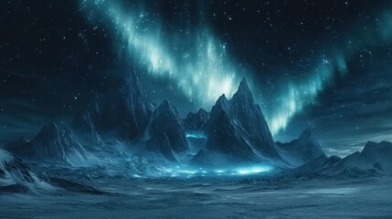 Fototapeta premium Fantasy background with towering snow-capped mountains and an aurora borealis illuminating the night sky, creating a mystical landscape
