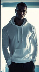 Obraz premium an African man, 25 years old, with deeply sun-tanned skin , haircut. Wearing a white hoodie and black pants, with a crying expression, standing in front of a mirror at home