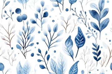 Watercolor blue floral seamless pattern with delicate leaves and branches.