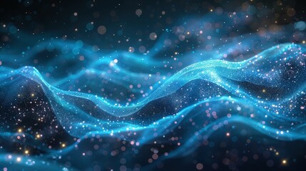 Ethereal Blue and Silver Waves of Light with Shimmering Particles Creating a Mystical and Dreamlike Background for Abstract and Cosmic Designs