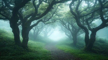 Mysterious forest background with ancient twisted trees, vines hanging low, and a subtle mist covering the ground