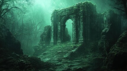 Naklejka premium Mysterious forest background with ancient stone ruins partially covered in moss and surrounded by dark trees