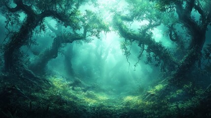 Fototapeta premium Mysterious forest background with ancient twisted trees, vines hanging low, and a subtle mist covering the ground