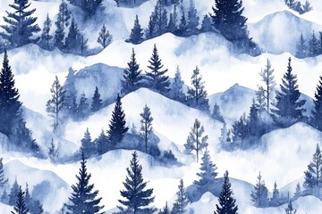 Fototapeta premium Watercolor painting of a winter landscape with snowy mountains and pine trees in blue hues.