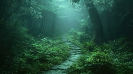 Mysterious forest background with narrow, winding pathways disappearing into the dense foliage, surrounded by low-hanging branches