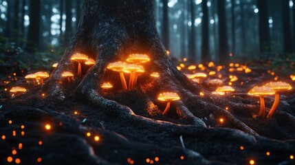 Mysterious forest background with overgrown roots and glowing mushrooms, giving a magical and otherworldly feel